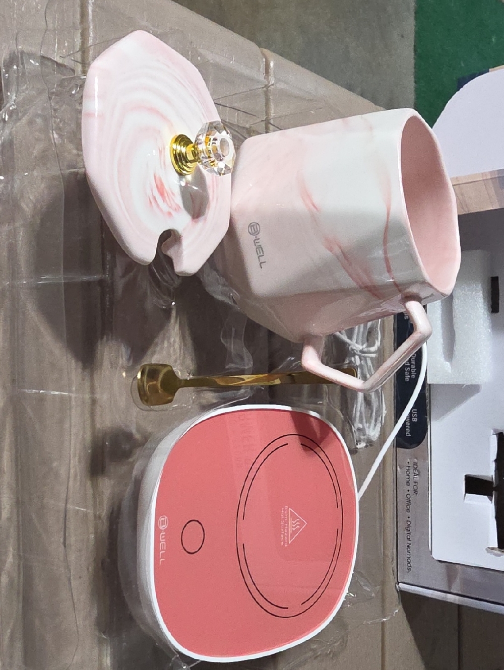 Pink Ceramic Coffee Mug with Lid & Warmer - Pink Marble